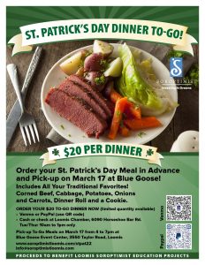 Loomis CA St Patrick's Meal Fundraiser March 17 2022 flyer to support Soroptimist